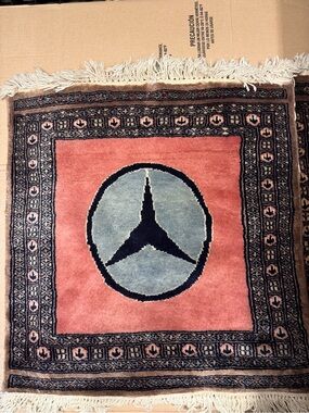 Mercedes Benz Hand-Knotted Square Rug Wool Silk 2ft by 2ft